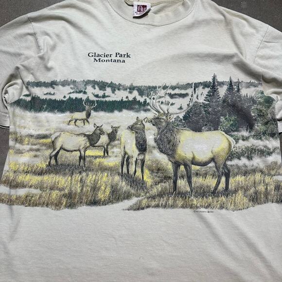 Vintage 90s Art Unlimited Elk Nature Animal Print AOP Tee Mens XL Tan Shirt - Picture 2 of 5